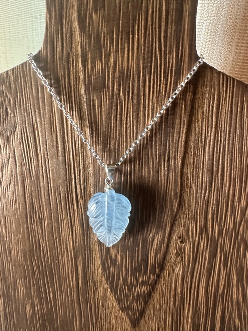 Small Aquamarine Leaf Pendant on Sterling Silver Bail and Silver Plated Chain - Picture 10 of 15